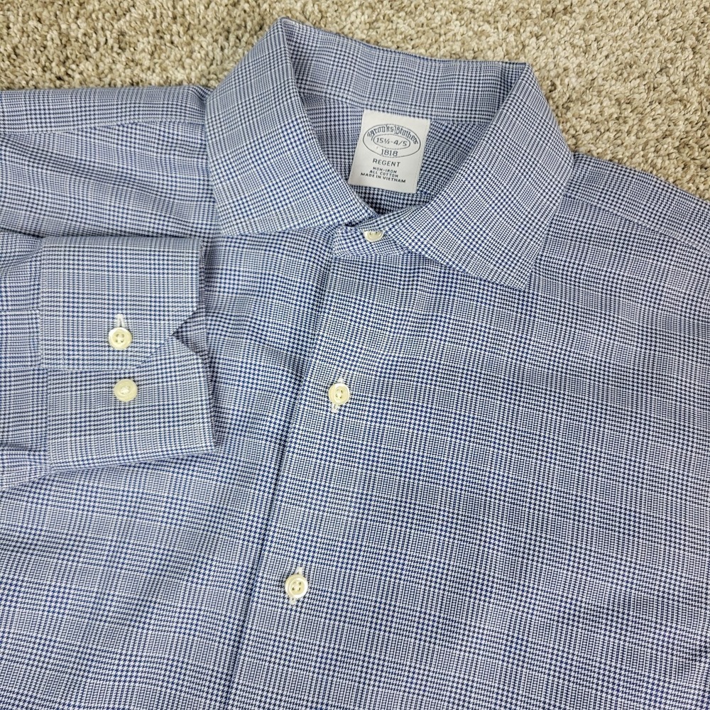 Brooks Brothers Regent Mens 15.5-4/5 Blue‎ Houndstooth Plaid Button Up LS
